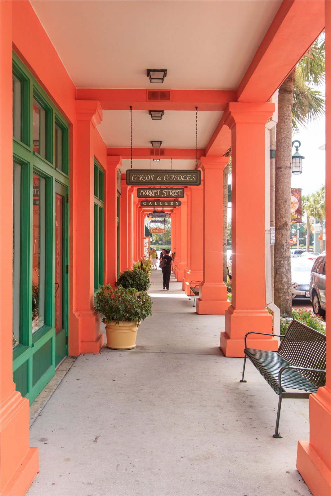Coral-pillared arcade along Market Street in downtown Celebration