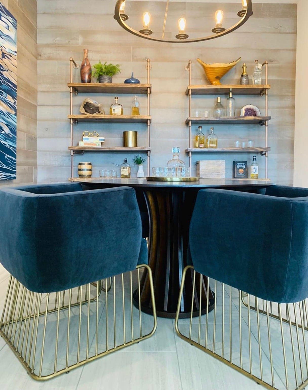 Blue and gold dining chairs.